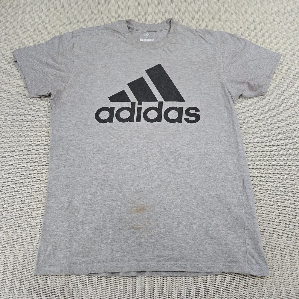 adidas Golf Shirt Mens Large Gray Black Spellout Logo Short Sleeve Crew Neck